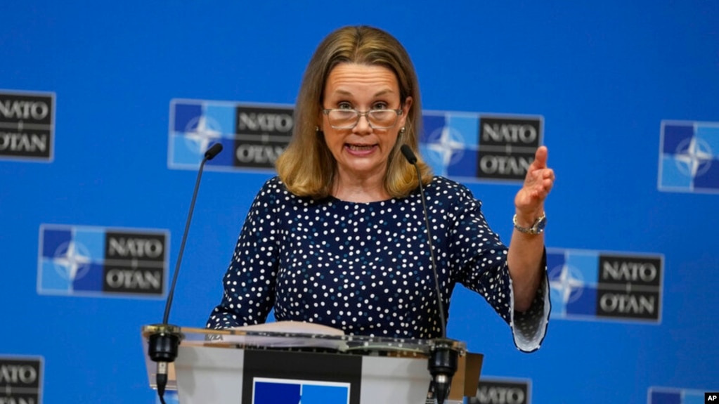 U.S. Ambassador to NATO Julianne Smith speaks at alliance headquarters in Brussels, Feb. 15, 2022. She said July 12, 2023, at NATO's Vilnius summit that the group is not adding members from the Indo-Pacific.”