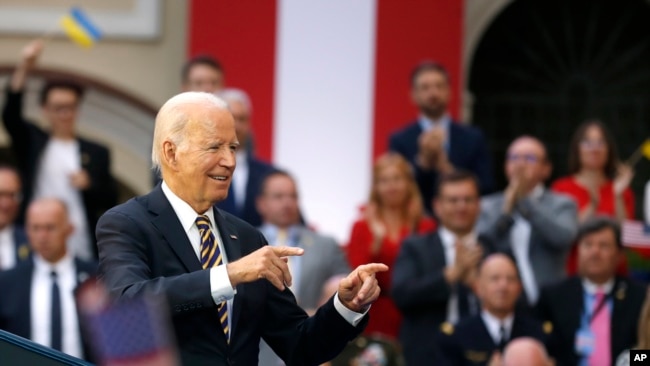 President Joe Biden addresses the public during an event at Vilnius University on the sidelines of a NATO summit in Vilnius, Lithuania, July 12, 2023.