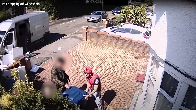 Mohamed El-Abboud (pictured in red) can be seen in video footage showed to the court helping unload the wheelie bin with Ms Kam's remains in and leaving it on Al-Jundi's family's drive