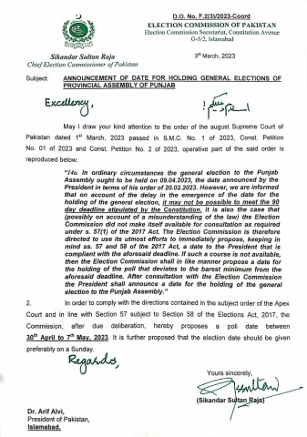  A copy of the letter sent to President Arif Alvi by the ECP suggesting possible date for elections in Punjab. — Photo by author