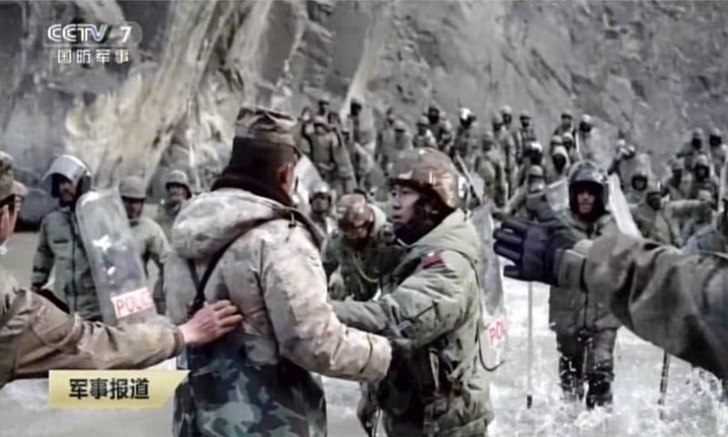 In this image taken from video footage run February 19, 2021, by China's CCTV, Indian and Chinese troops face off in the Galwan Valley on the disputed border between China and India, June 15, 2020. — AP