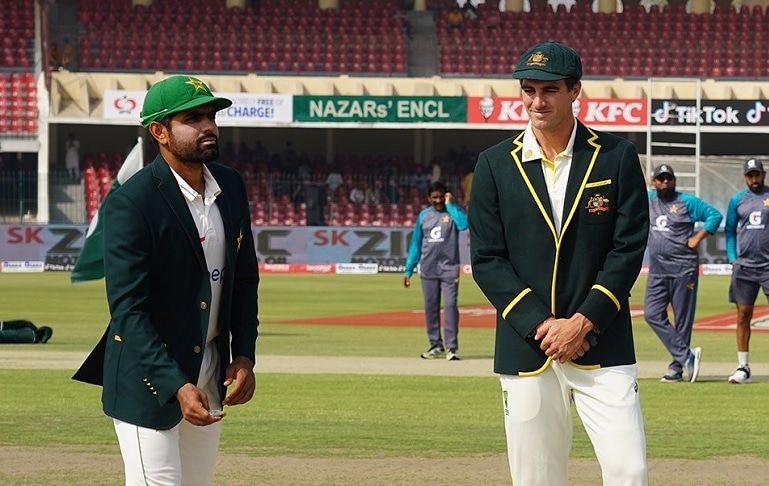 Pakistan and Australia skippers Babar Azam (L) and Pat Cummins (R) are seen at the toss. — Picture vis PCB/Twitter