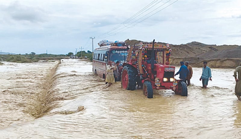 Lasbela: Heavy monsoon rains and flash floods washed away the road and bridge between Dureji and Hub, suspending traffic and cutting off Dureji from other parts of the district.—Dawn
