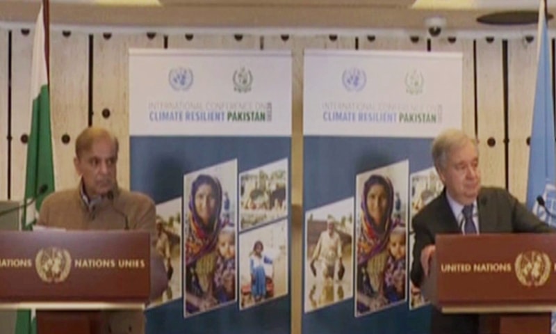   Prime Minister Shehbaz Sharif and United Nations Secretary General Antonio Guterres address a joint press conference in Geneva on Monday. — DawnNewsTV