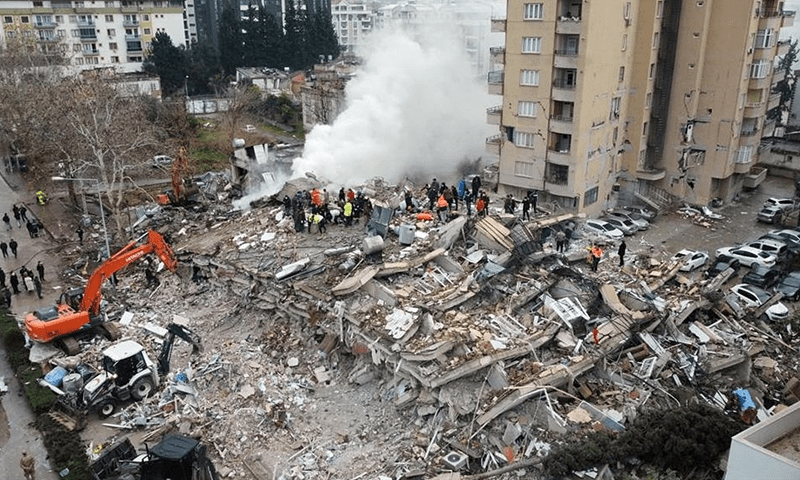 <p>Buildings collapsed after a 7.8 magnitude earthquake hit central Turkiye and northwest Syria on Monday. — Anadolu Agency</p>