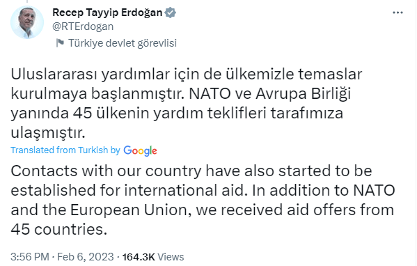 A screengrab showing a tweet by Turkish President Recep Tayyip Erdogan made on Feb 6. 
