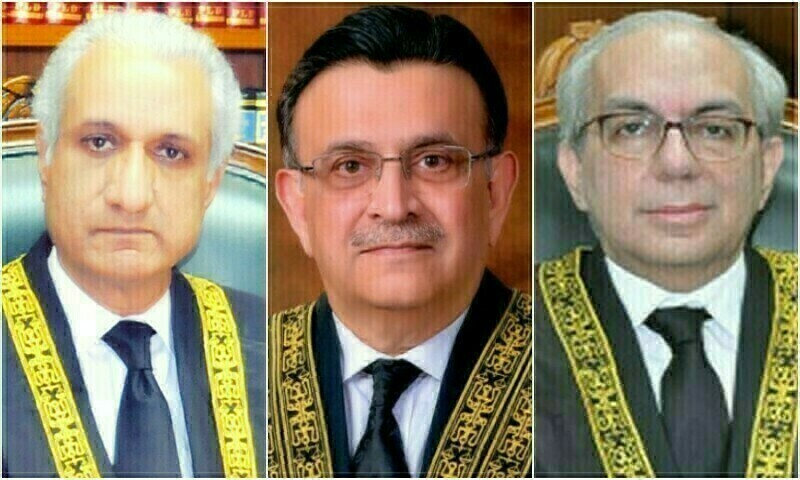 <p>From left to right: Justice Ijazul Ahsan, Chief Justice of Pakistan Umar Ata Bandial and Justice Munib Akhtar. — Supreme Court website/File photos</p>