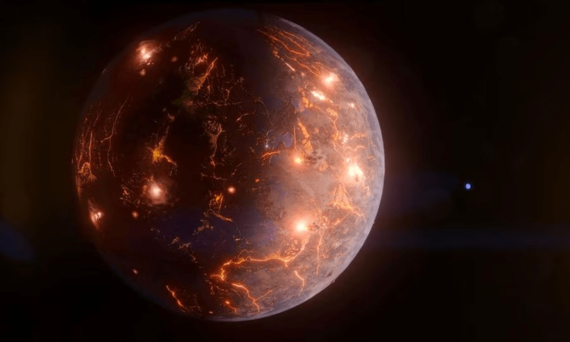 <p>An exoplanet called LP 791-18 d, an Earth-size world about 90 light-years away, is seen in an undated artist’s rendering. A more massive planet in the system, shown as a small blue dot on the right, exerts a gravitational tug that may result in internal heating and volcanic eruptions, like on Jupiter’s moon Io. — NASA Goddard Space Flight Center via Reuters</p>