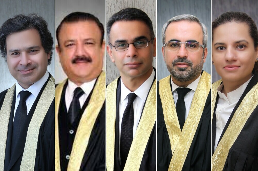 <p>(From left to right) Justice Miangul Hassan Aurangzeb, Justice Tariq Mehmood Jahangiri, Justice Babar Sattar, Justice Arbab Mohammad Tahir and Justice Saman Rafat Imtiaz of the Islamabad High Court. — Photo courtesy: IHC website</p>