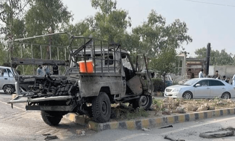 This screenshot from the site of the blast in Peshawar’s Hayatabad on Tuesday shows a damaged vehicle. — DawnNewsTV