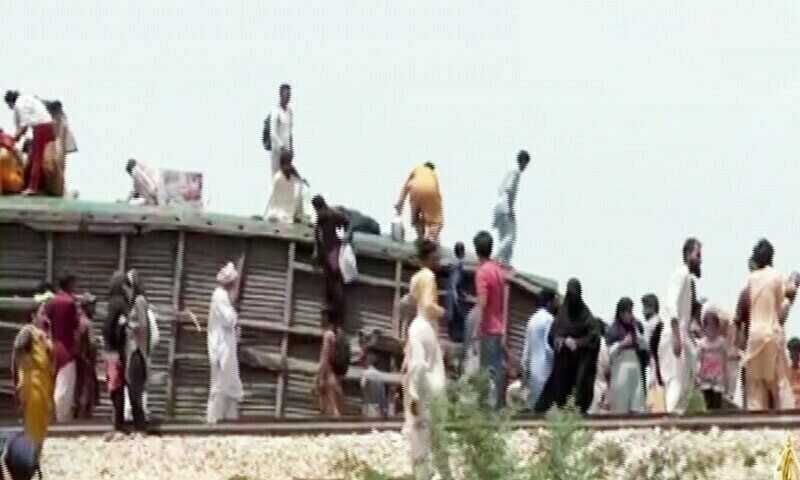 This image shows the derailed bogies in Nawabshah on Sunday. — DawnNewsTV