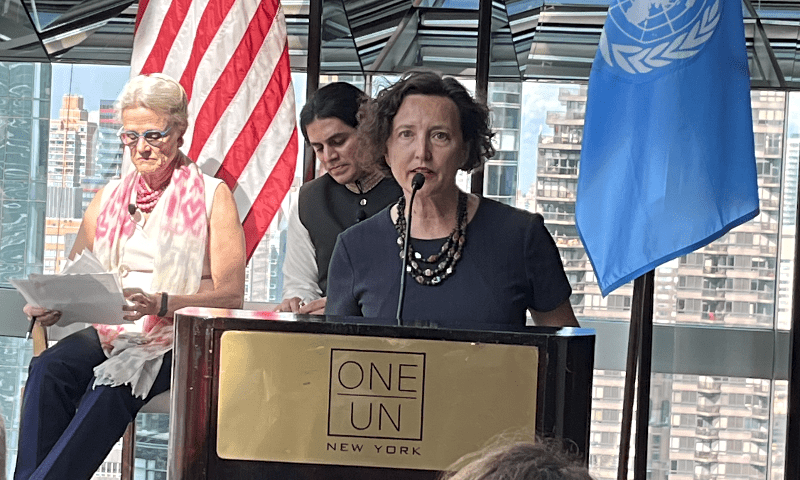 US Principal Deputy Assistant Secretary of State for South and Central Asia Elizabeth Horst addresses a seminar at One UN Plaza. — State Department’s X account