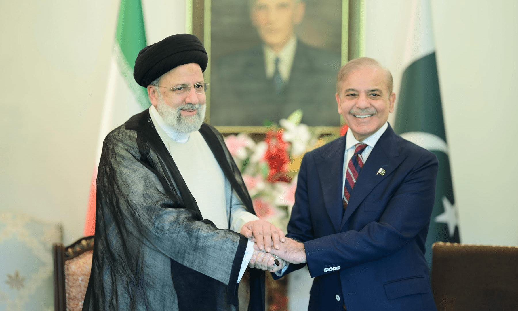 Iranian President Ebrahim Raisi meets Prime Minister Shehbaz Sharif on Monday in Islamabad. — PID