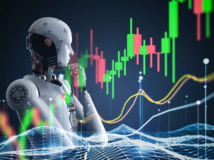 A white robot in a pensive stance looking at a detailed graph which shows a gradual increase.