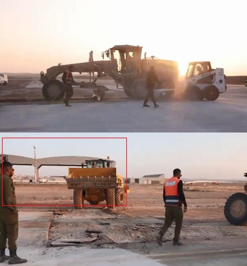 IDF footage shows repairs to the south runway near a hangar at the Navatim base. PHOTO: SCREENGRAB