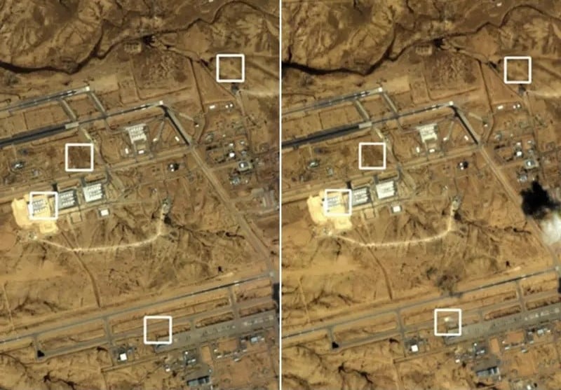 Four place where damage is detected at Nevatim Base. Condition on April 12 (L) and April 13 (R). PHOTO: PLANET LABS (PBC)
