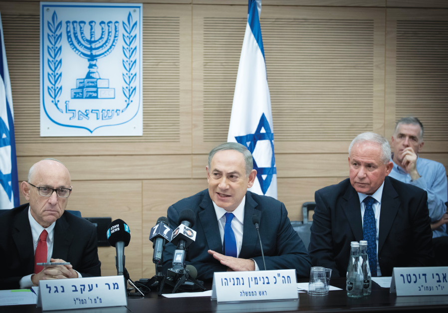 (From left) WRITER JACOB NAGEL, then national security adviser, with Prime Minister Benjamin Netanyahu and Foreign Affairs and Defense Committee head Avi Dichter at a 2017 meeting in the Knesset. (Photo Credit: YONATAN SINDEL/FLASH 90)