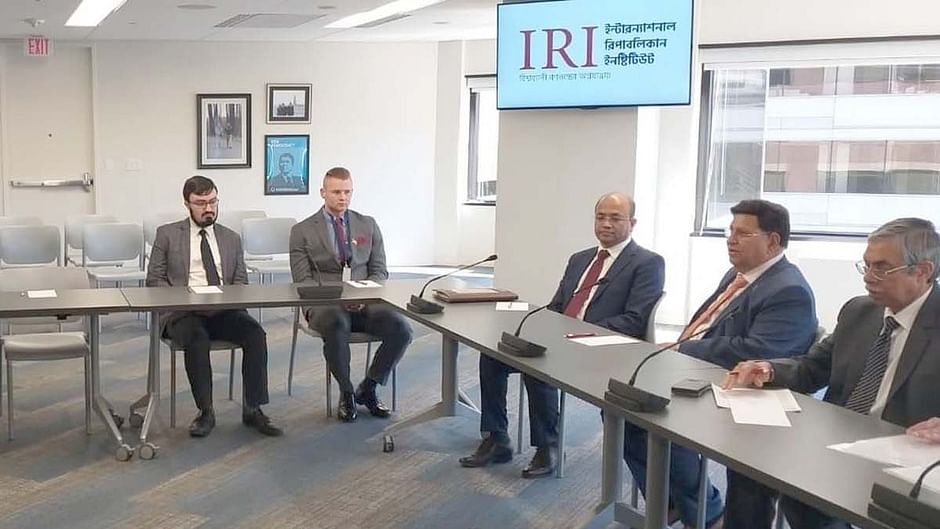 Foreign minister AK Abdul Momen addresses a meeting of the IRI in the United States as the chief guest on 13 April, 2023.
