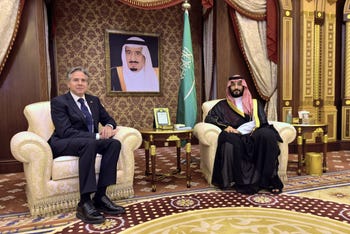 FILE PHOTO: Saudi Crown Prince Mohammed bin Salman (L) meets with U.S. Secretary of State Antony Blinken in Jeddah, Saudi Arabia, last Wednesday.