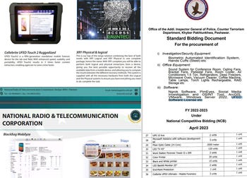 NRTC catalog showcasing Cellebrite's technology. Right: Punjab and Peshawar police tenders for three UFED Ultimate devices and software license