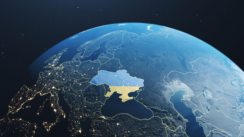 Planet Earth - with Flag and border of highlight Ukraine.