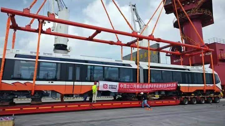 Two smart new-energy light rail trains manufactured by CRRC Tangshan Co., Ltd. in Tongyang Terminal of the Tongzhou Bay, Nantong City of east China's Jiangsu Province, September 23, 2023. /CMG