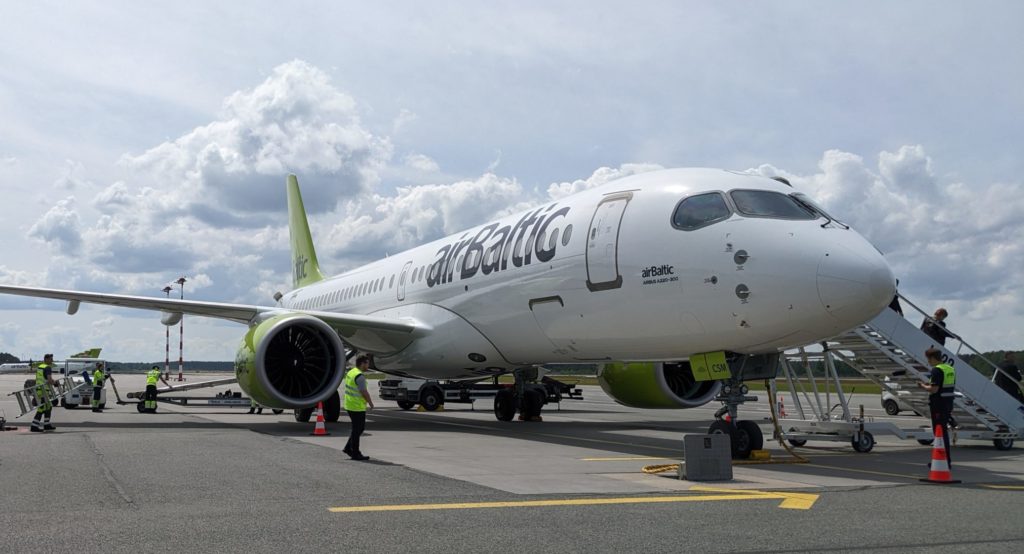 An airBaltic A220-300 at the carrier's home base in Riga