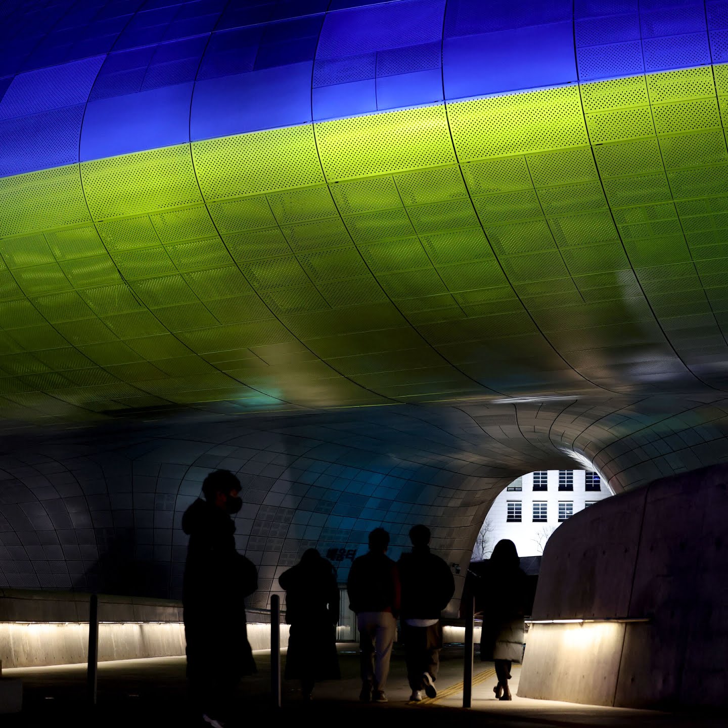 In Seoul on Tuesday, the  Dongdaemun Design Plaza was lit in the blue and yellow of the Ukrainian flag.