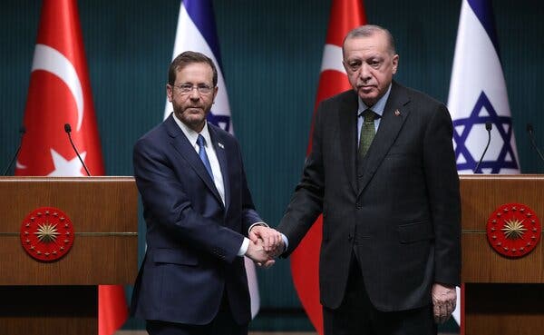 The meeting in March of President Isaac Herzog of Israel, left, and President Recep Tayyip Erdogan of Turkey was a sign of their countries’ efforts to reset fractured relations.