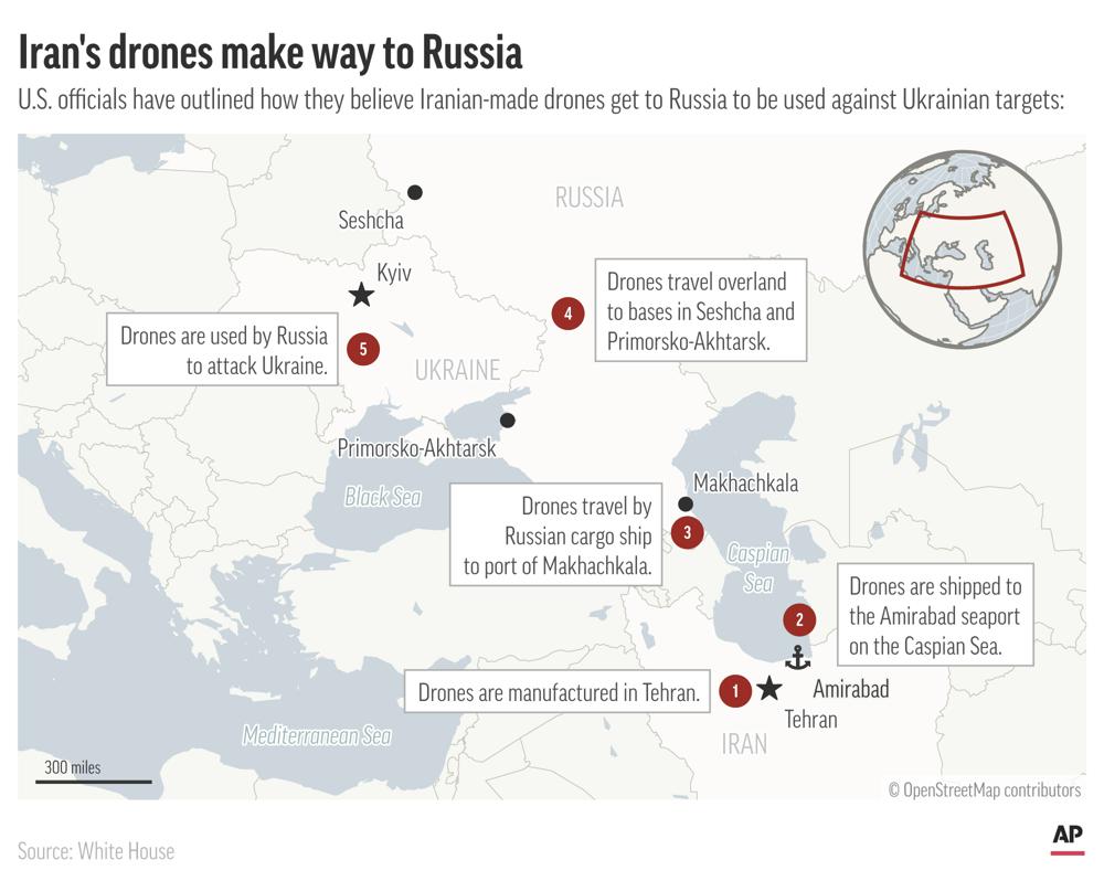 U.S. officials say Iranian-built attack drones are shipped across the Caspian Sea and moved overland to Russian bases, where they are launched into Ukraine. (AP Graphic)
