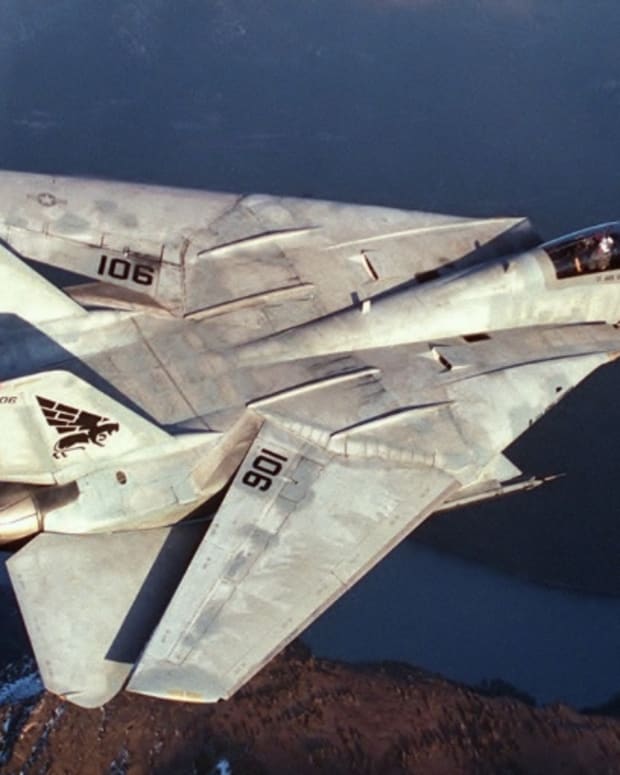 Right rear overhead view of an F-14AB Tomcat aircraft of Fighter Squadron 143 (VF-143), the Pukin' Dogs, in flight over desert terrain.