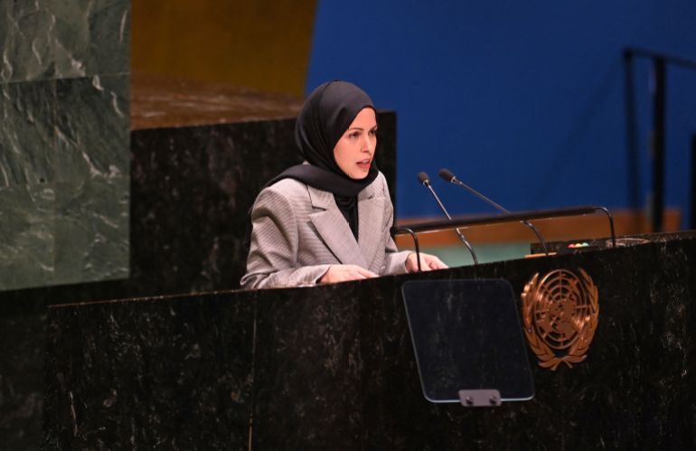 Permanent Representative of the State of Qatar to the United Nations Alya Ahmed Saif Al Thani speaks during the 10th Emergency Special Session (resumed) 39th plenary meeting on the Israeli-Palestinian conflict at the United Nations headquarters in New York City on October 27