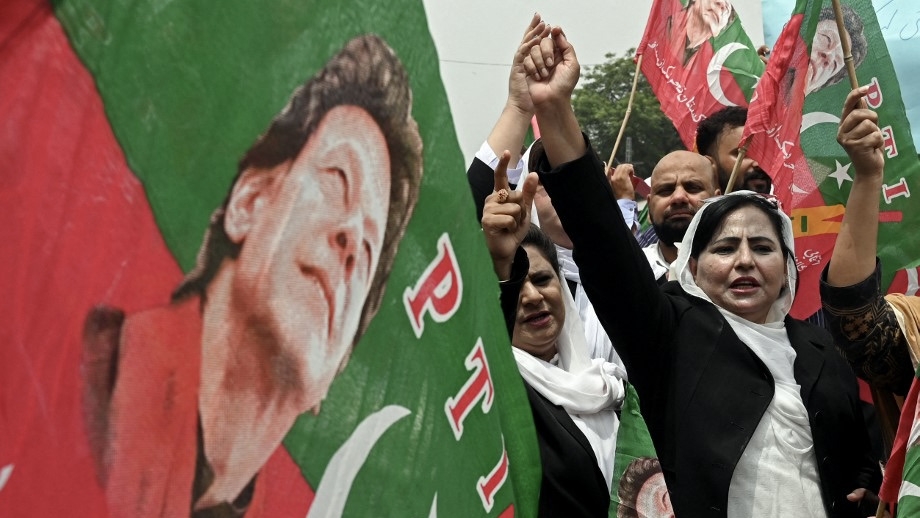 Lawyers in support of Pakistan's former Prime Minister Imran Khan denounce his arrest during a protest outside the high court in Lahore, on 7 August 2023 (AFP)