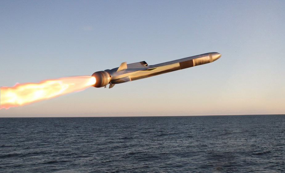 NSM anti-ship missile during its launch phase.