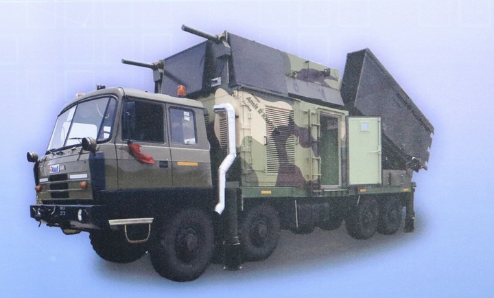 Akash NG launcher with 6 cannister launchers and 4 AESA radar units.jpg