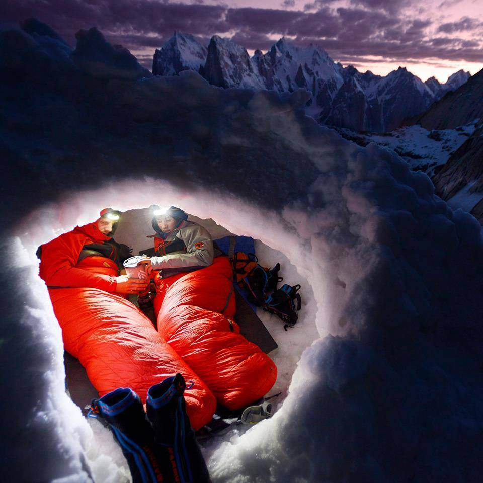 David Lama and Peter Ortner in snow cave on Trango Towers Pakistan ..jpg