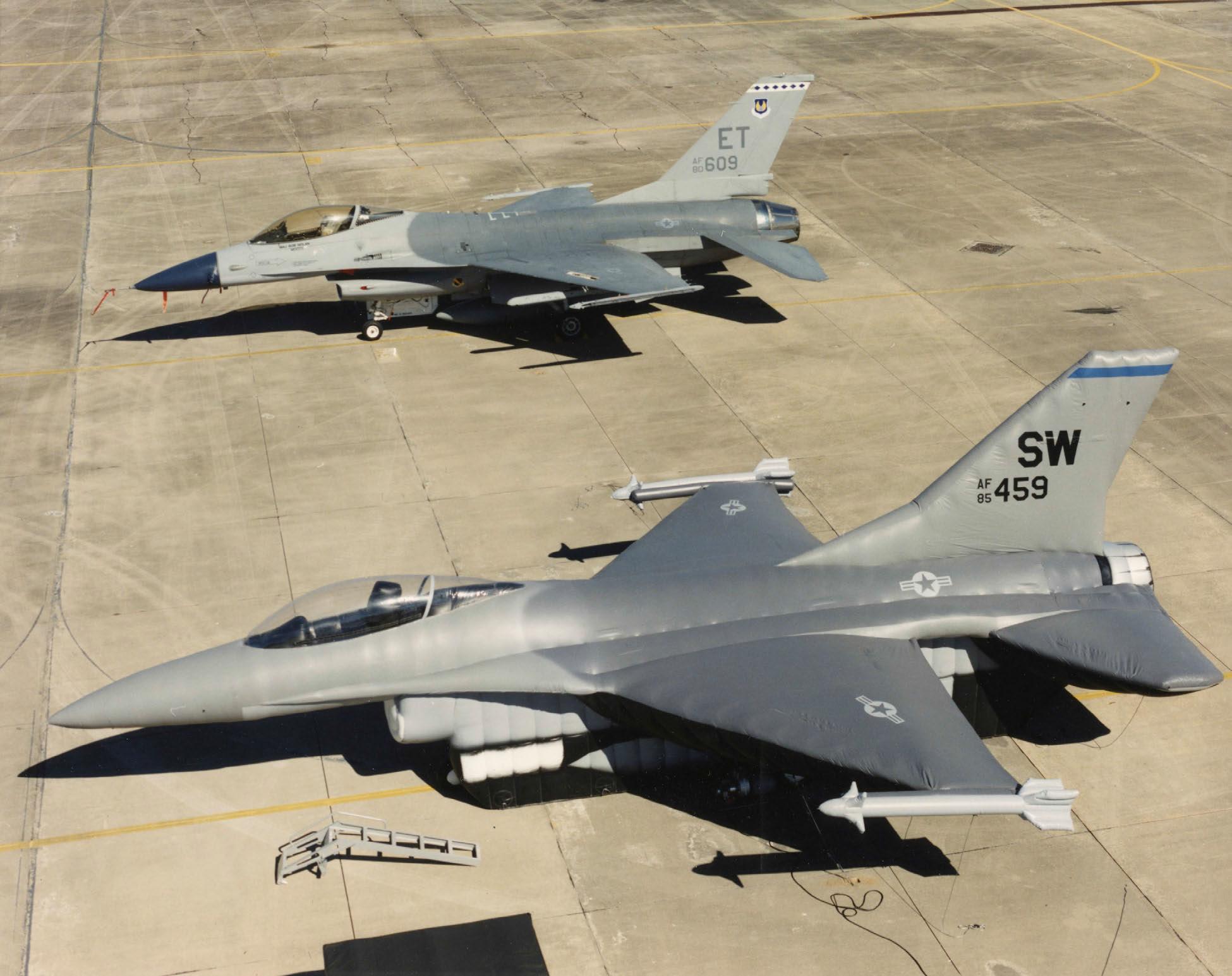F-16 Decoy and Real F-16.JPG