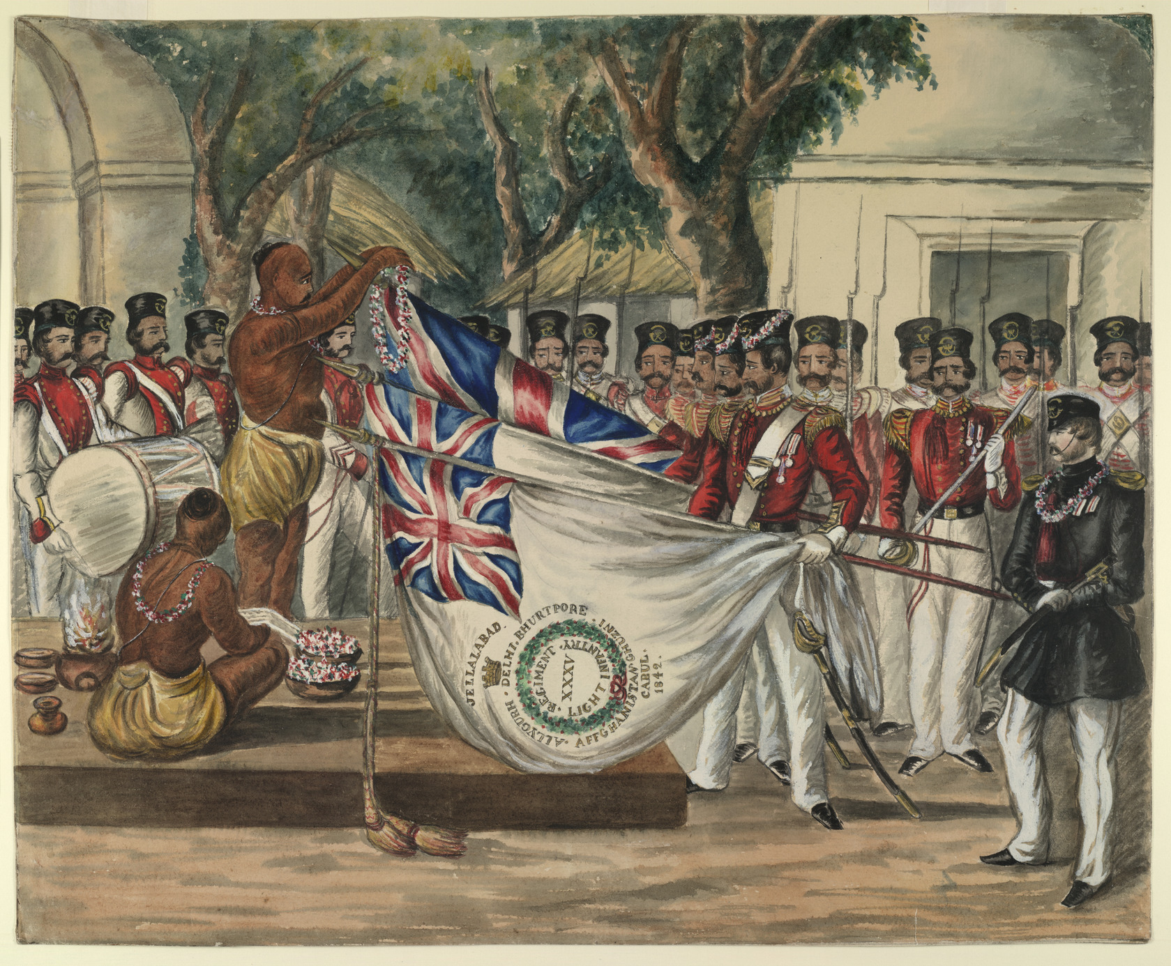 Hindu_priest_garlanding_the_flags_of_the_35th_Bengal_Light_Infantry_(c.1847)_-_BL_Add.Or.741.jpg