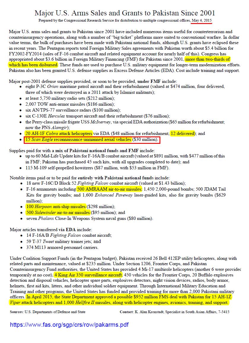 Major U.S Arms Sales & Grants to Pakistan 2001- May 04, 2015.JPG