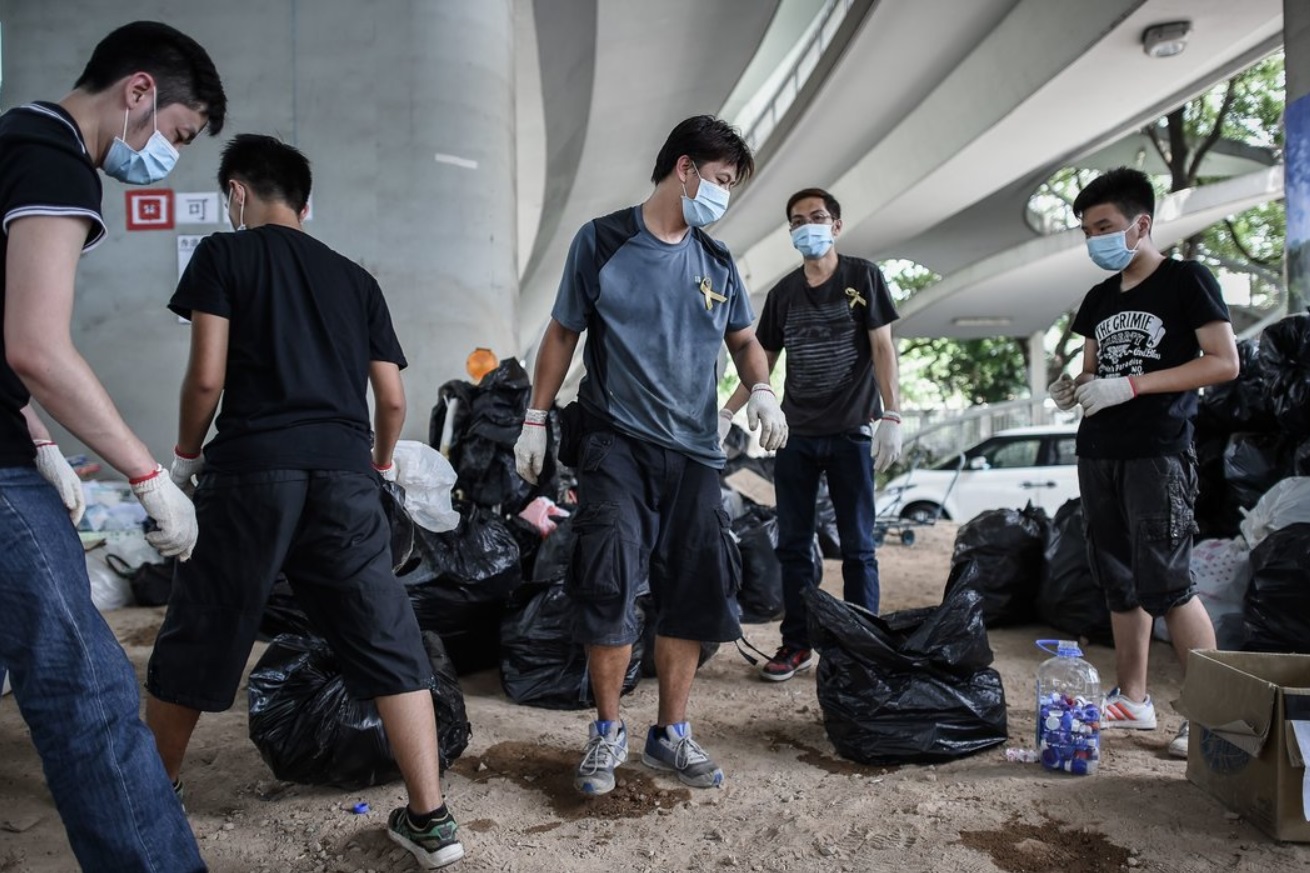 Pro-democracy demonstrators recycled plastic bottles at a collection point..jpg