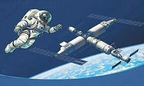 An AI-generated image of a Pakistani astronaut and the Chinese Tiangong space station published on social media by the Space Education and Awareness Drive, a Suparco initiative