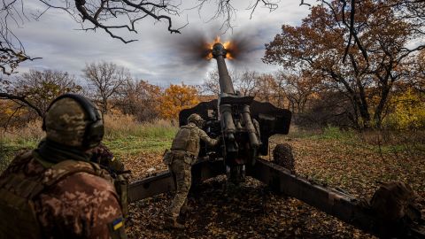 Ukrainian artillerymen fire at a position on the front line near the town of Bakhmut, in eastern Ukraine's Donetsk region, on October 31, 2022's Donetsk region, on October 31, 2022
