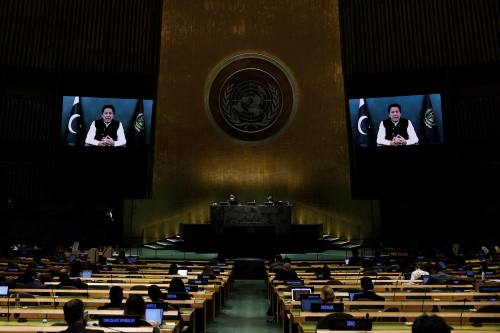 Prime Minister from the Islamic Republic of Pakistan Imran Khan addresses via prerecorded video thethe General Debate of the 76th session of the United Nations General Assembly at UN headquarters on September 24, 2021, in New York