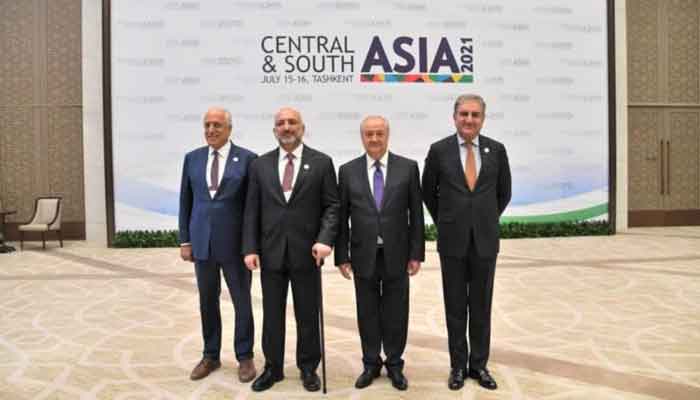 US Special Envoy to Afghanistan Zalmay Khalilzad, Afghanistans Foreign Minister Haneef Atmar, Uzbekistans Foreign Minister Abdulaziz Kamilov and Pakistans Foreign Minister Shah Mahmood Qureshi. Photo: Twitter/State SCA