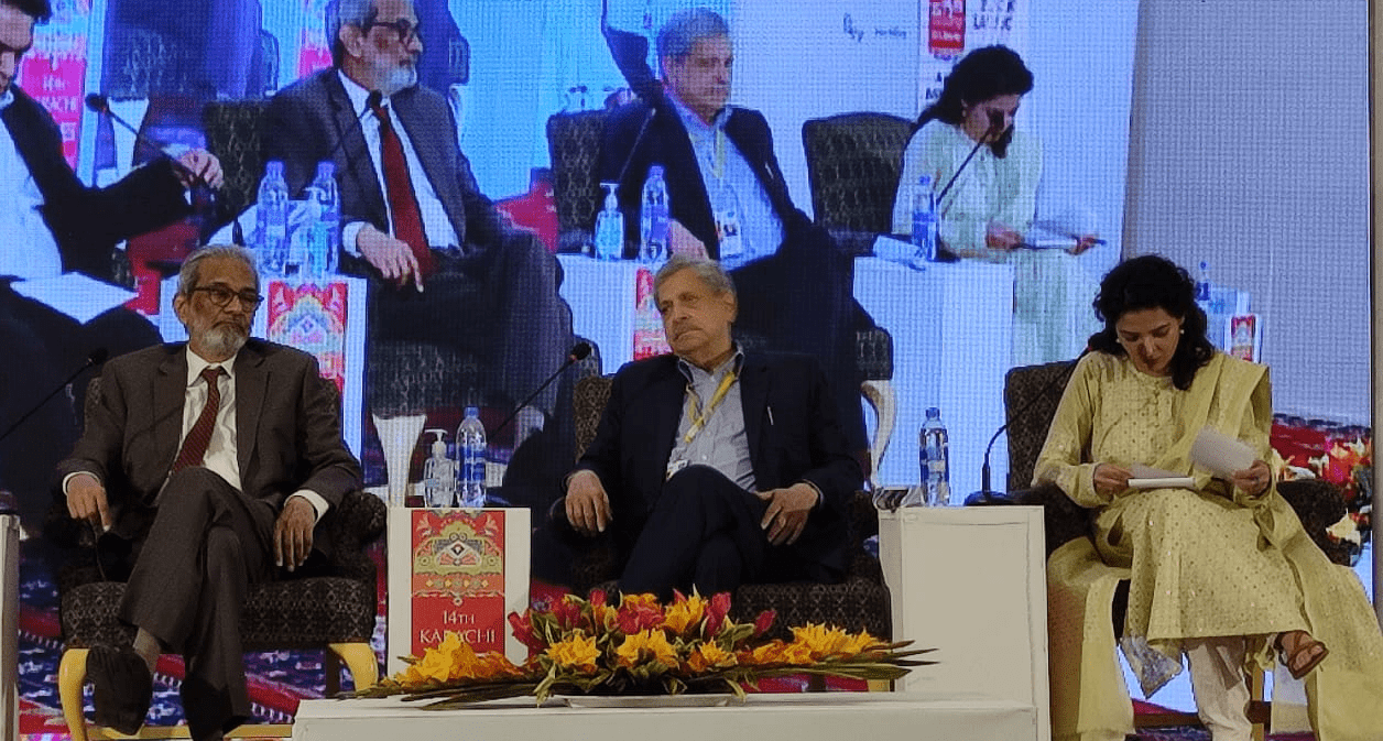 <p>From left to right: Ex-SC judge Maqbool Baqar, seasoned lawyer Hamid Khan and lawyer and human rights activist Palvasha Shahab at the KLF session on Sunday. — Picture by author</p>