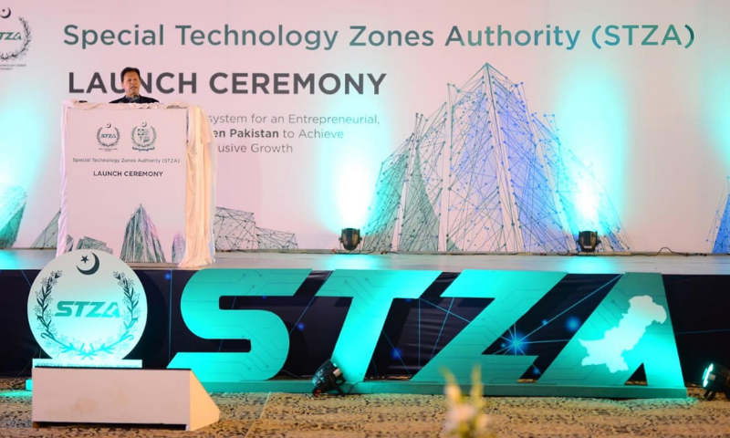 Prime Minister Imran Khan addresses the  launching ceremony of the Special Technology Zones Authority (STZA) in Islamabad on Friday. — PID