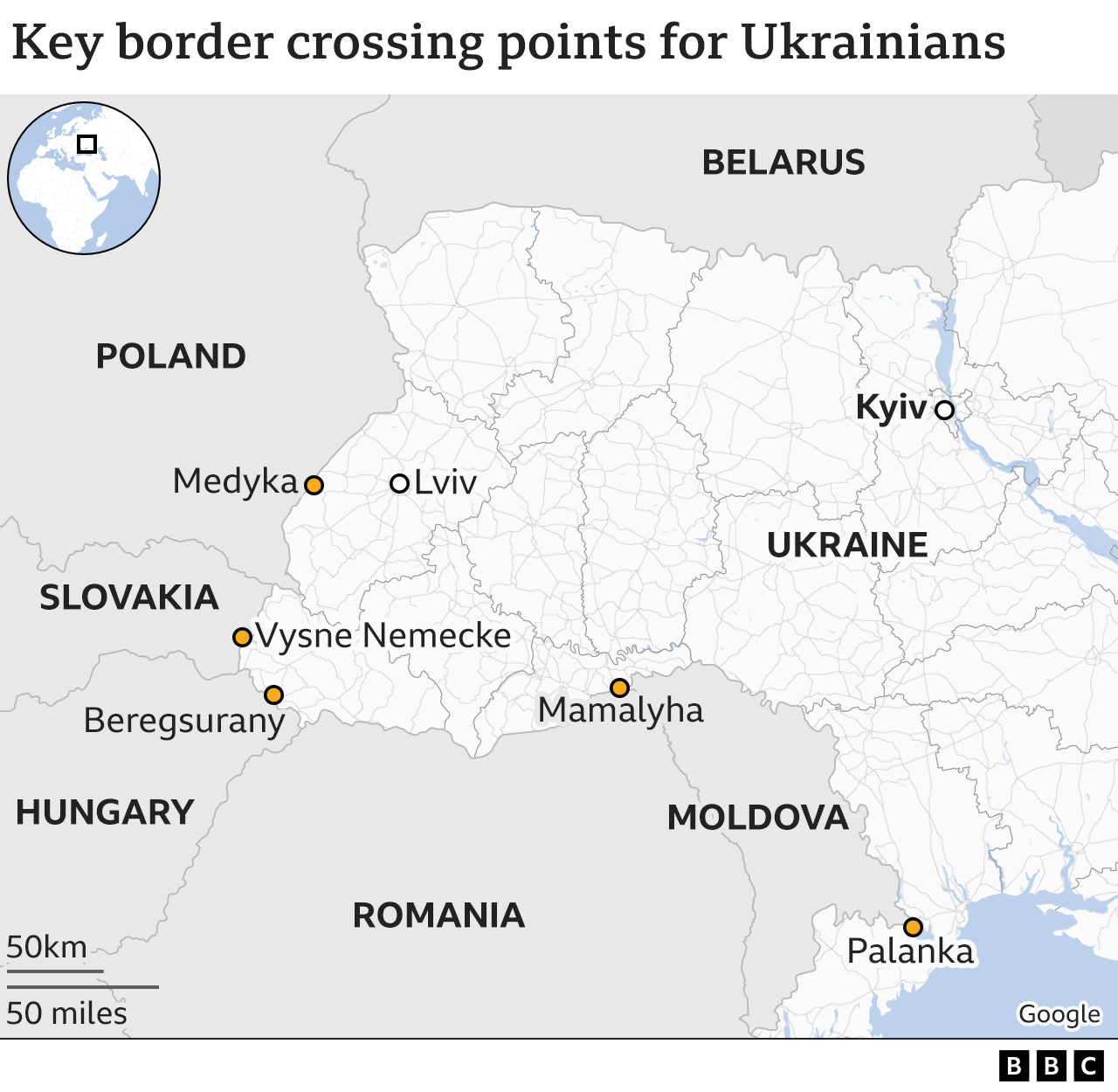 Graphic showing key crossing points for Ukrainians