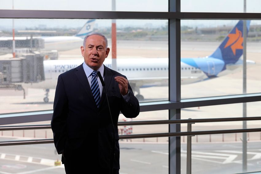 Israeli Prime Minister Benjamin Netanyahu at the Ben-Gurion Airport some 12 miles southeast of Tel Aviv, Israel, as flights resumed amid the coronavirus pandemic, on August 17, 2020.