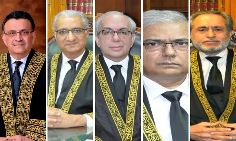 <p>(L-R)The combination photo shows CJP Umar Ata Bandial, Justice Ijazul Ahsan, Justice Munib Akhtar, Justice Aminuddin and Justice Jamal Khan Mandokhail.  — SC/website</p>