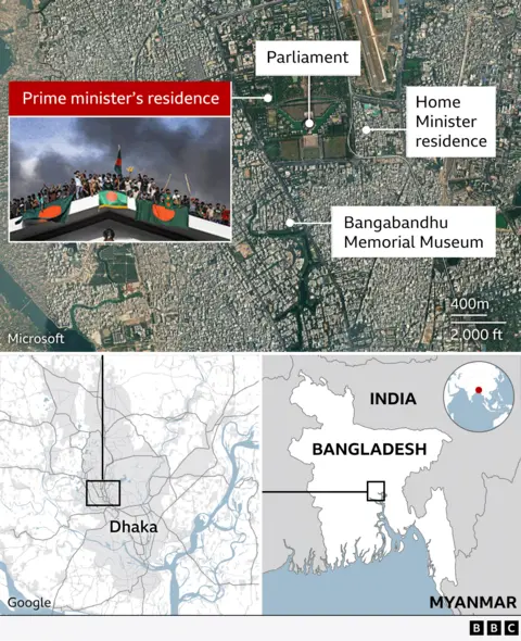 A map showing the city of Dkhaka with locations including the parliament and the Prime Minister's residence labelled